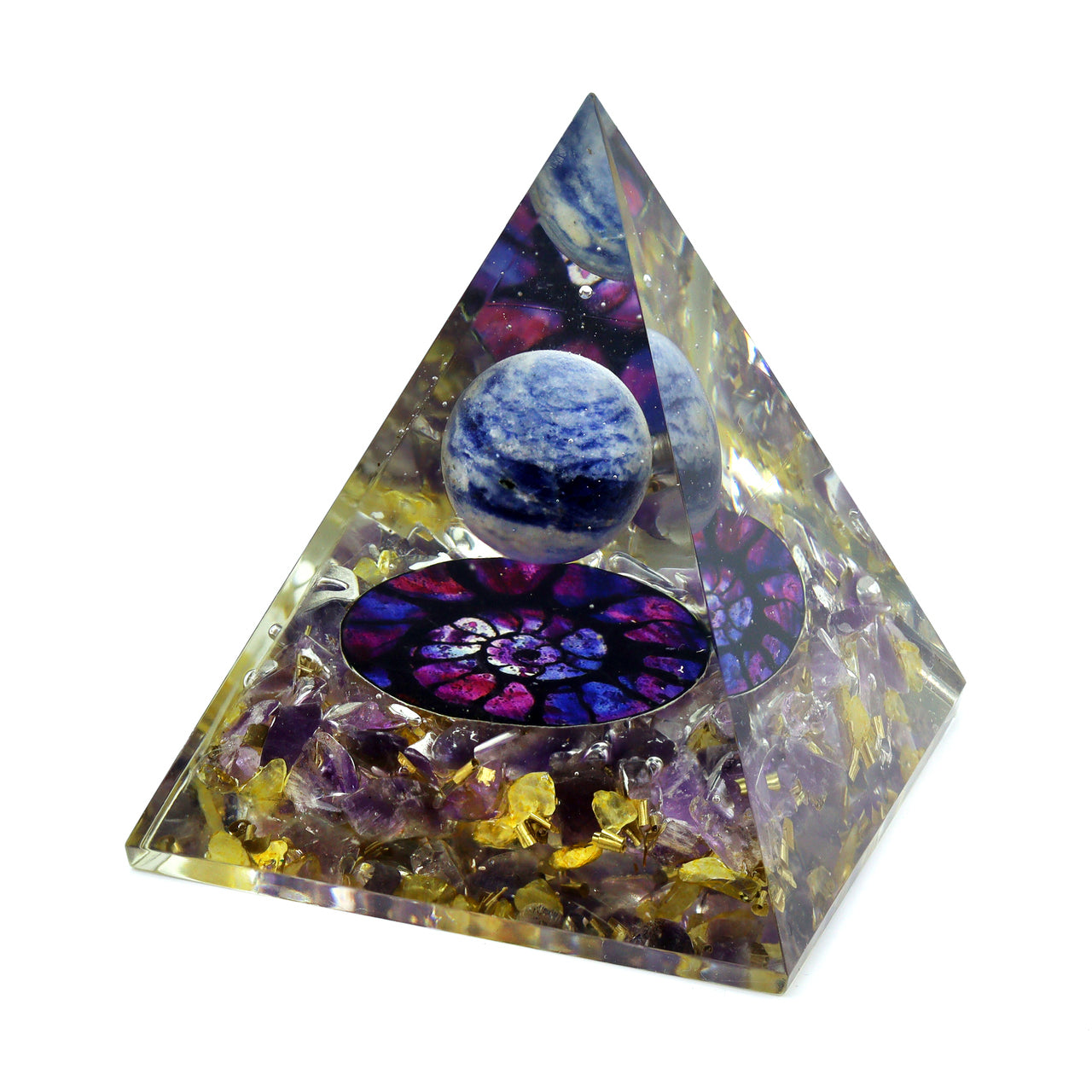 Orgonite Pyramid - Lapis Lazuli Sphere With Amethyst & Citrine Base